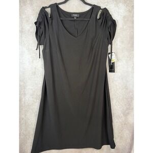 NWT MSK Dress Women Large Black Cold Shoulder Ruched Sleeve V-Neck